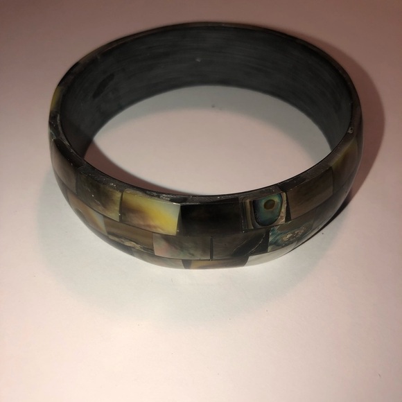 VTG Abalone Brown w Blue Irridescent Inlay Squares & Wooden Bangle 8” - Picture 2 of 4